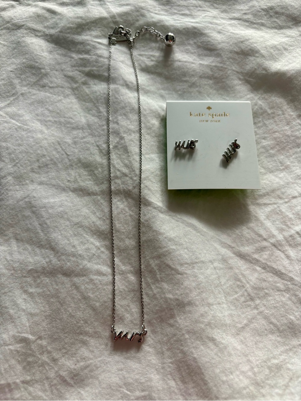 Kate Spade Silver Mrs Script Necklace with Matching Earrings and Luggage Tag